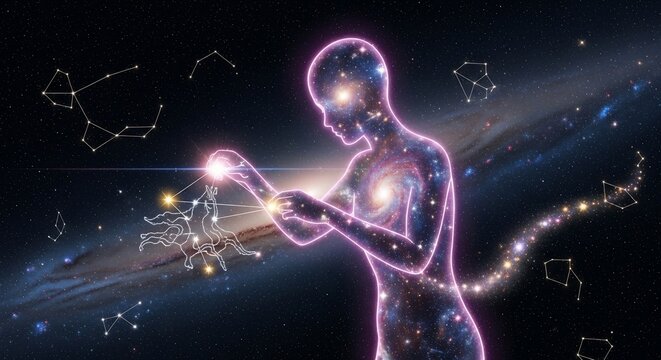 Cosmic being interacting with constellations