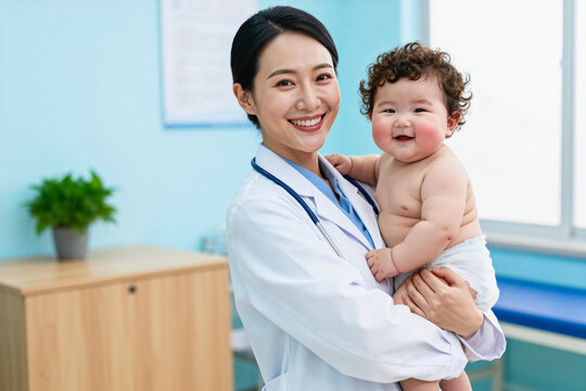 A smiling female Asian pediatrician in a medical coat holds a happy, chubby curly-haired infant patient in a bright clinic examination room.