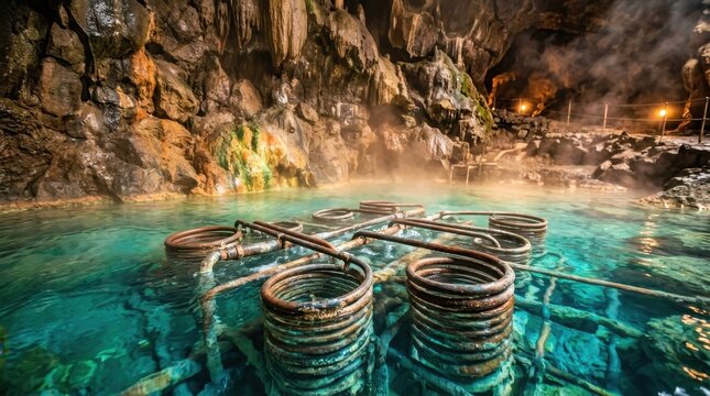 Ancient geothermal hot spring pools with steaming mineral water inside a rustic cave environment, offering a serene and healing experience.