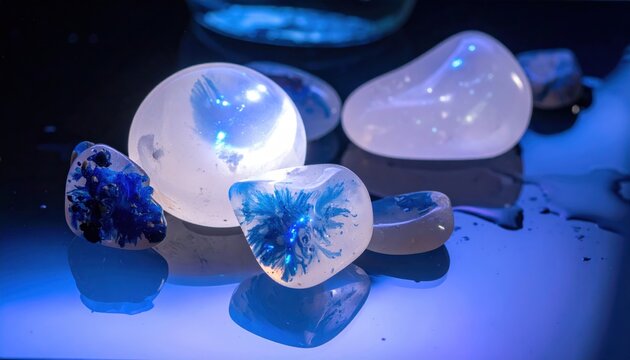 Delicate moonstone cabochons exhibiting captivating blue adularescence