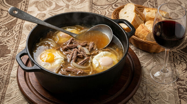 Valdiviano is a traditional Chilean stew of meat with egg and bread, served with red wine.