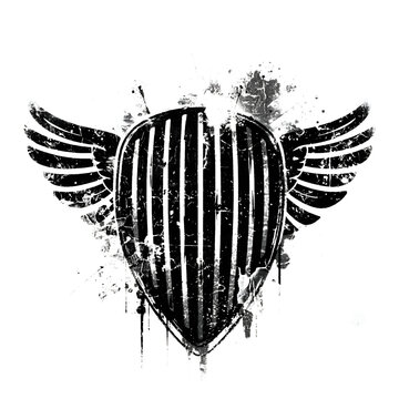 Abstract grunge guitar pick emblem with wings and ink splatters on white background