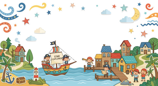 A charming cartoon illustration featuring child pirates on a ship named Star Explorer arriving at a colorful coastal village under a starry sky.