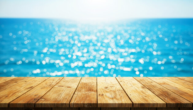 Empty wood table top with blurred bright blue summer sparkling sea water bokeh background. 