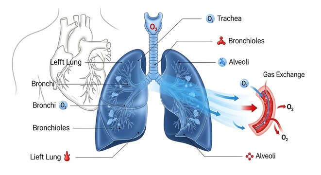 Detailed diagram of human lungs and gas exchange process.