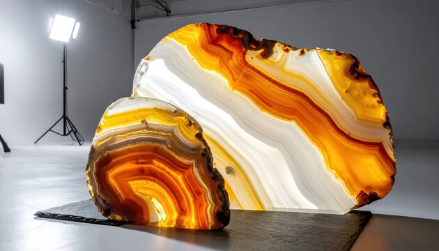 Illuminated Slices of Polished Agate with Vibrant Orange Yellow and White Banding