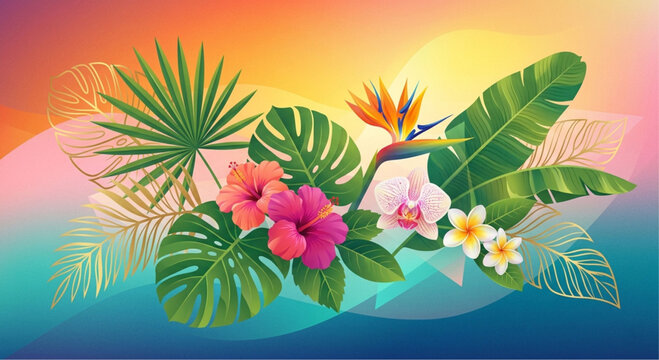 Tropical leaves, exotic flowers, bird of paradise, palm fronds, summer background