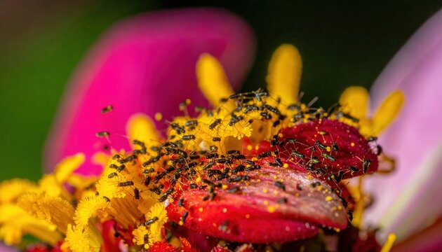 Numerous Tiny Thrips Swarming Pollen and Petals on a Bright Flower in Macro View