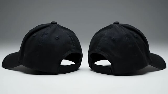 Two Black Baseball Caps Displayed.