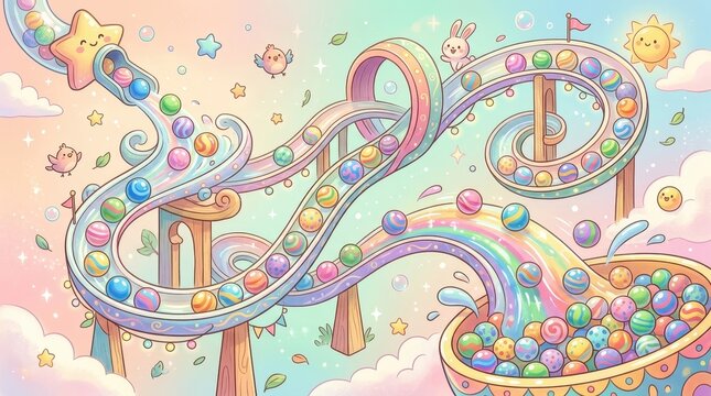 Whimsical Marble Run with Colorful Balls and Cute Characters