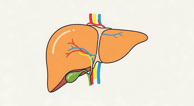 Human liver anatomy diagram with gallbladder and bile ducts.