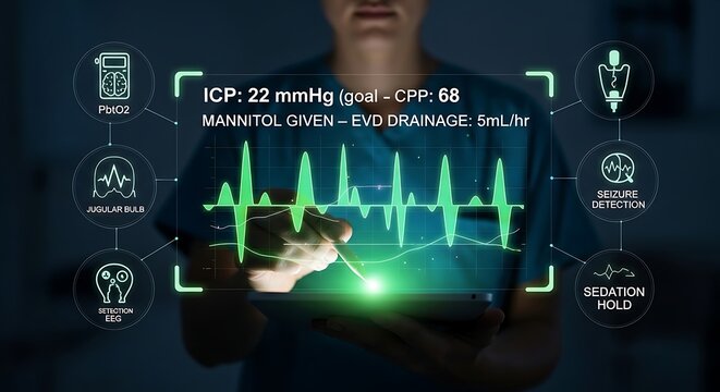 Healthcare professional interacting with futuristic medical interface