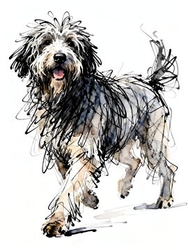 Minimalist abstract sketch series : happy Puli Dog, isolated studio portrait of a canine pet in pure white background 003