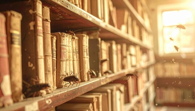 Silverfish Crawl Across Dusty Library Bookshelf, Close-Up Macro Shot Revealing Tiny Pests Among Aged Literature