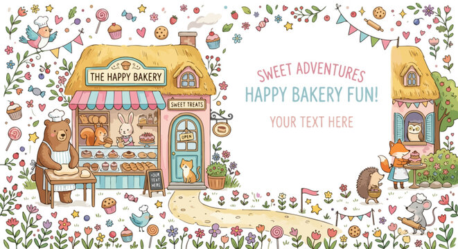 Adorable woodland animals enjoy baking treats at "The Happy Bakery" cottage in this whimsical, hand-drawn vector illustration full of sweets.