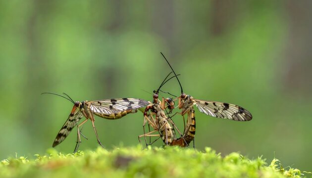 Scorpionflies Engage in Intricate Courtship Rituals on Mossy Surface Amidst Lush Greenery