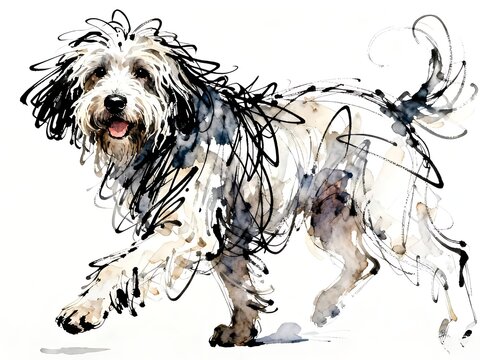 Minimalist abstract sketch series : happy Puli Dog, isolated studio portrait of a canine pet in pure white background 006