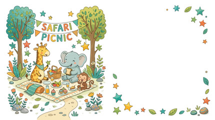 A cute vector illustration shows a giraffe, elephant, and monkey enjoying a whimsical safari picnic in a lush, star-filled forest setting. © Regina