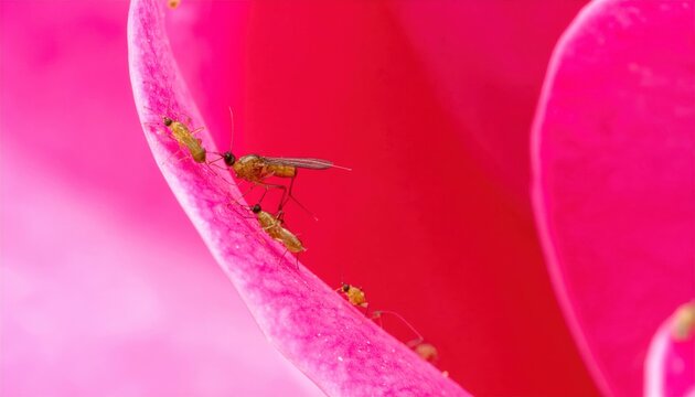 Tiny Thrips Insects Infesting a Vibrant Pink Rose Petal in Macro Detail