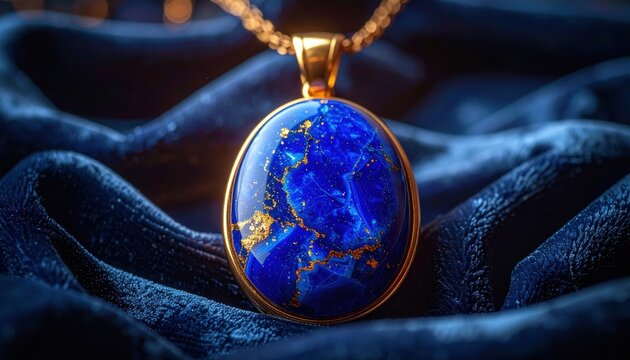 Vibrant Lapis Lazuli Oval Pendant with Gold Setting Resting on Dark Fabric