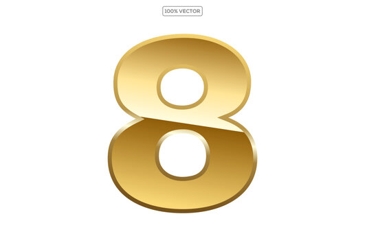  Gold numbers 8 with endings made of golden ribbons isolated on transparent background. Vector decorative design elements template