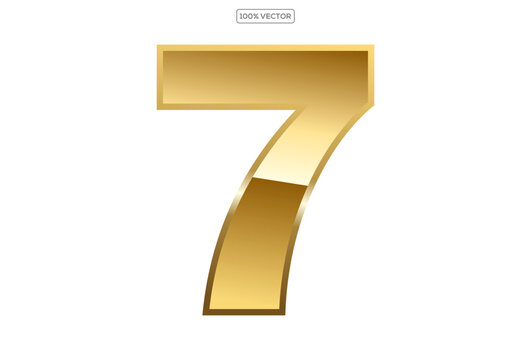  Gold numbers 7 with endings made of golden ribbons isolated on transparent background. Vector decorative design elements template