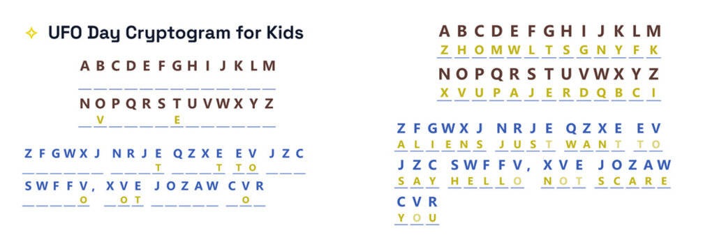 UFO Day Cryptogram for Kids featuring alphabet and code  
