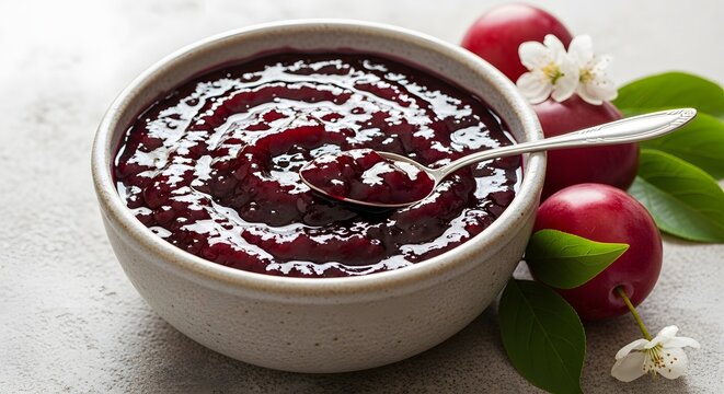 Plum jam sits in a ceramic bowl with a silver spoon resting on the surface next to fresh fruit.