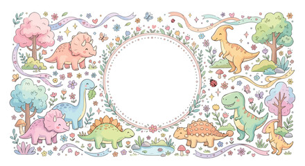 A charming vector frame featuring a collection of cute, pastel dinosaurs, blooming flowers, and whimsical ribbons in a soft, storybook style. © Regina