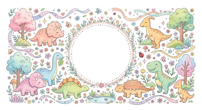 A charming vector frame featuring a collection of cute, pastel dinosaurs, blooming flowers, and whimsical ribbons in a soft, storybook style.