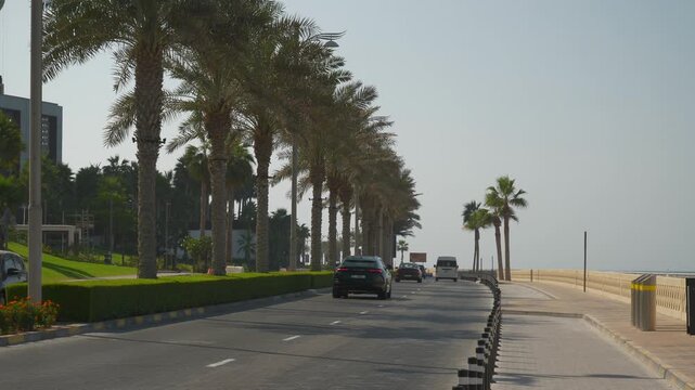 sunny day dubai city palm island famous bay traffic road slow motion walking promenade panorama 4k uae
