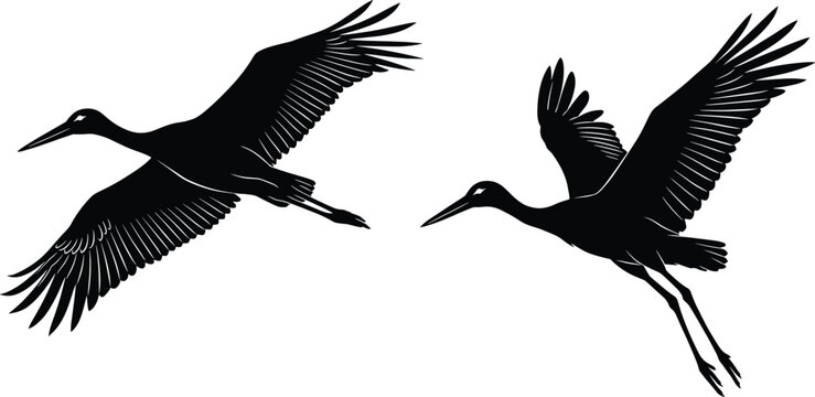 A professional minimalist black vector silhouette set featuring majestic herons storks or cranes flying with widespread wings