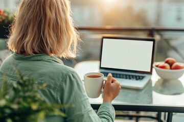 Obraz premium Woman working on laptop with coffee on balcony at sunset remote freelance