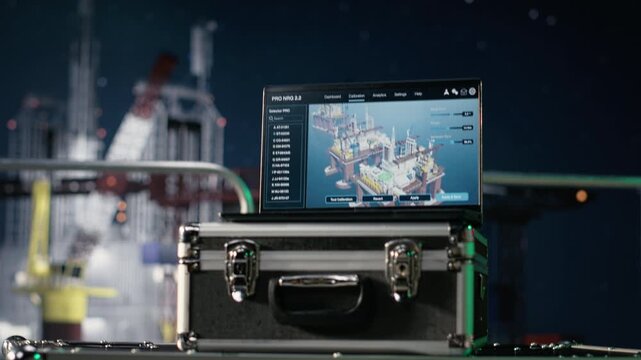 Laptop on offshore platform monitors petrol logistics during supply bottleneck while a notebook software evaluates oil drilling performance during fuel crisis, offshore energy industry context.