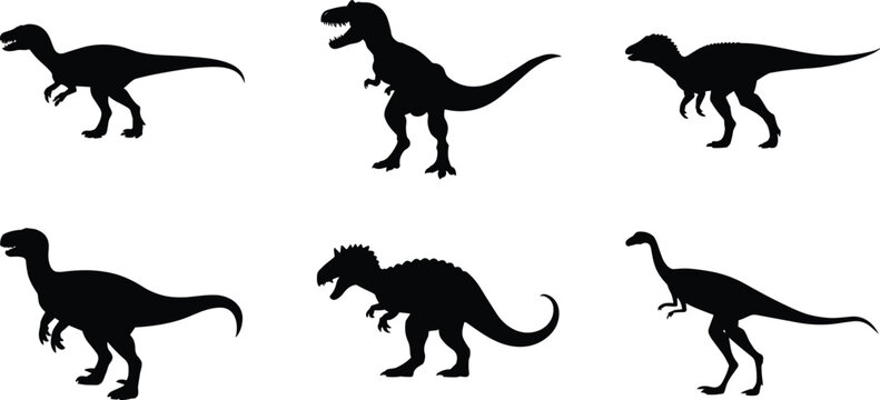 Black dinosaur silhouettes vector graphic set featuring predatory theropods tyrannosaurus rex and raptors isolated on white background