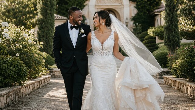 African american man in tuxedo and woman in white lace wedding dress walking together in garden. Happy couple on wedding day. Romantic marriage ceremony in luxury outdoor location