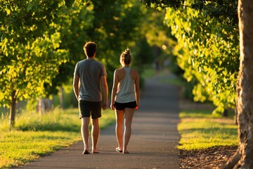 Obraz premium Couple walking on sunlit park path during golden hour sunset surrounded by trees