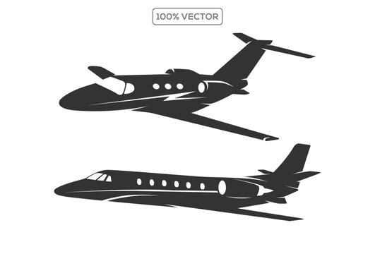 set of private jet line art silhouette vector illustration template designs