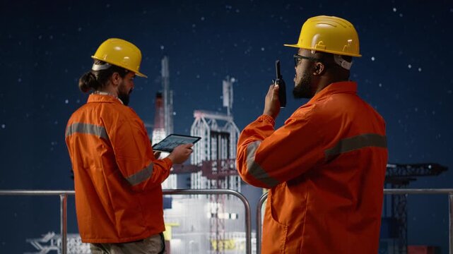 Doing radio coordination, embargo and engineering team on drilling barge while mitigating oil crisis disruptions, northern lights and african american man with coworker on offshore platform.