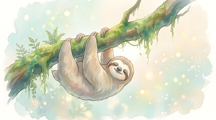 Fototapeta premium Cute Sloth Hanging from a Mossy Tree Branch Watercolor Illustration for Children's Nursery Decor and Eco-Friendly Marketing