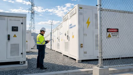 Obraz premium Electrical engineer wearing hard hat using digital tablet to inspect large battery energy storage system at wind farm power plant. Renewable energy infrastructure maintenance