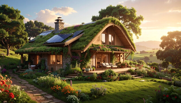 Cottage with green roof surrounded by nature