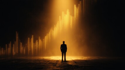 Fototapeta premium Financial Growth and Wealth Building Concepts cinematic mood and lighting scene of entrepreneur standing confidently before glowing financial growth chart, dramatic contrast, powerful prosperity 