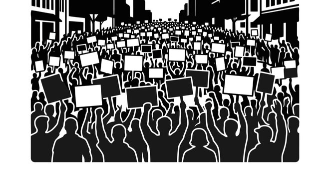 A large crowd of people protesting in the city streets with signs.