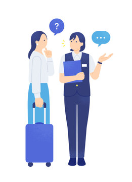 キャリーケースを持つ旅行客の女性を案内する駅員のイラスト素材
