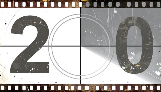 A vintage film countdown Large numbers "2" and "0" are centered on a divided white screen, framed by sprocket filmstrip