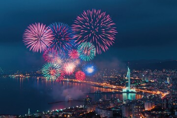 Naklejka premium Baku azerbaijan night skyline fireworks celebration landmark illumination display
