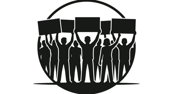 Black silhouette illustration of people protesting.