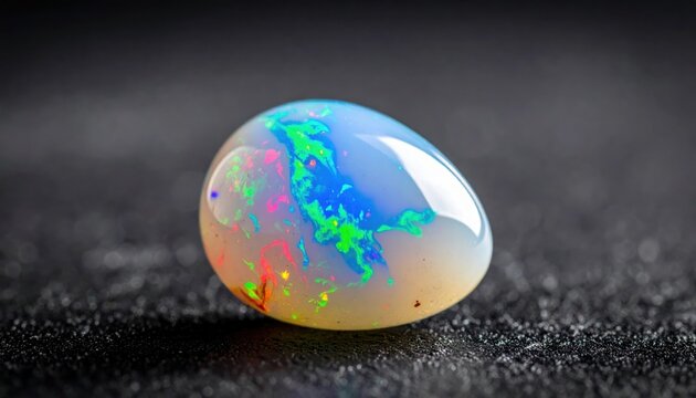 A stunning polished opal gemstone with vibrant blue, green, and red play of color, shimmering beautifully on a dark textured surface