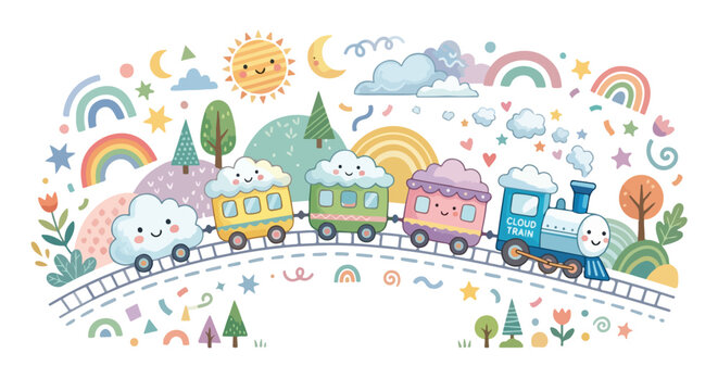 A whimsical, pastel-colored vector illustration featuring a cheerful cloud train traveling through a magical landscape filled with rainbows and stars.